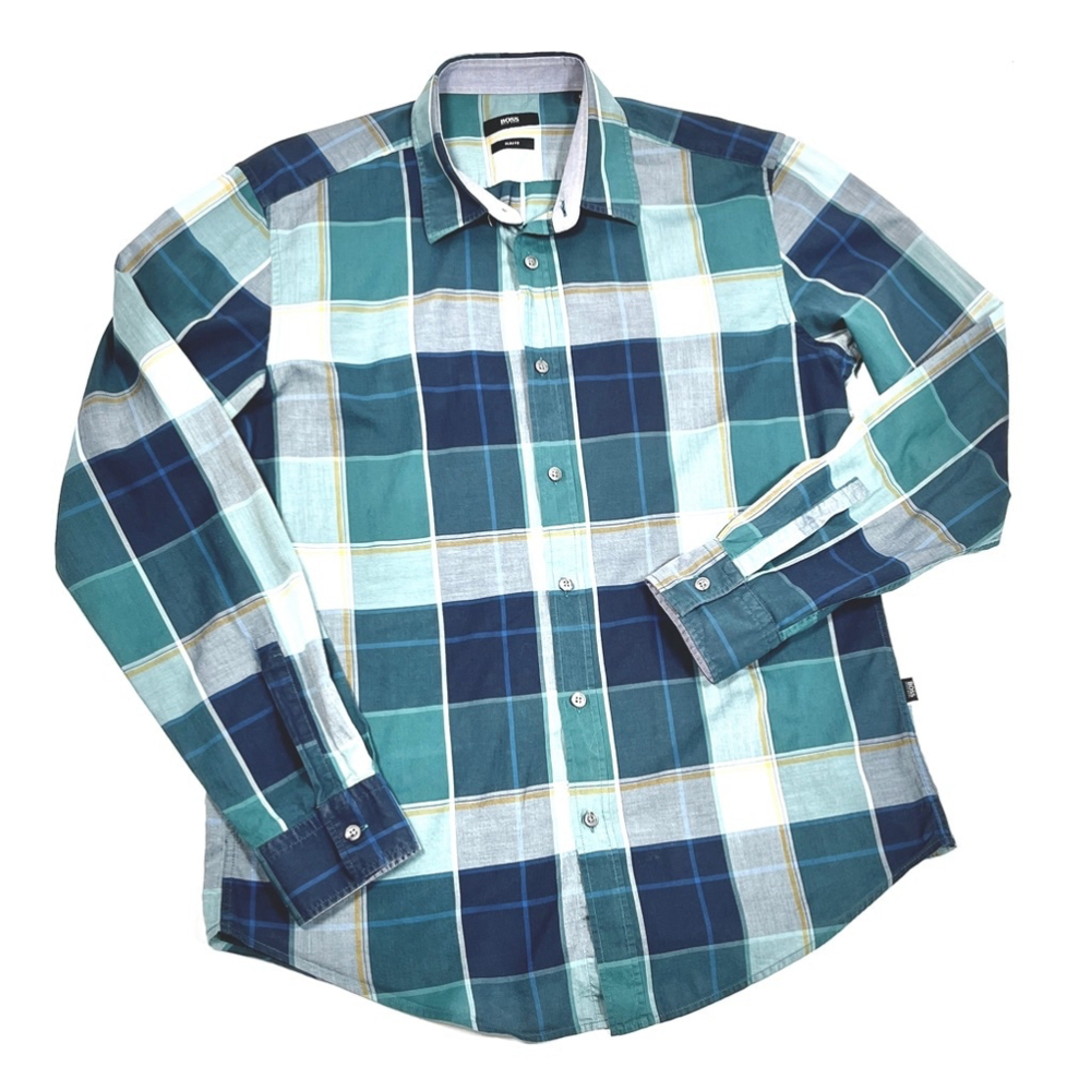 Hugo Boss Mens Shirt Green Blue Plaid Top Slim Fit Long Sleeve Shirt Size M